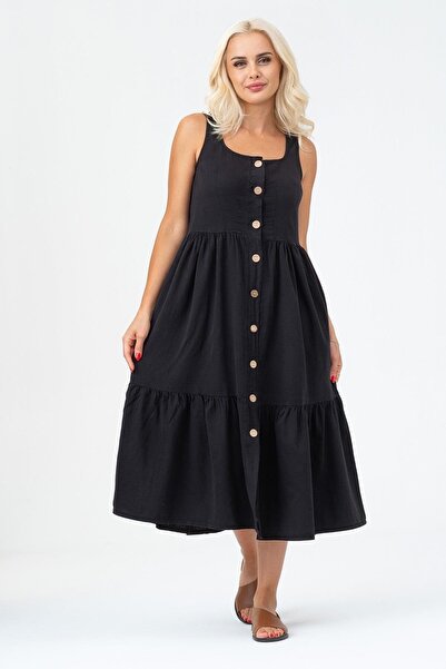 Bold & Young Дамска рокля с джобове, набрана, с презрамки, с квадратна яка и копчета, черна