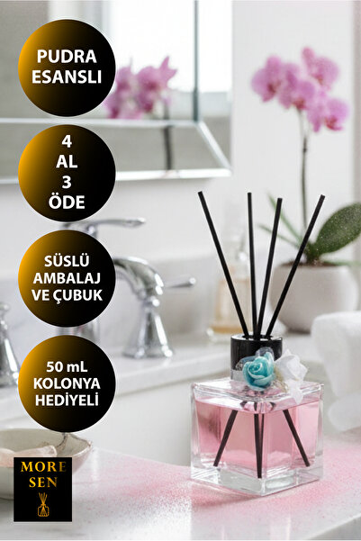 MORESEN Bambu Çubuklu Oda Kokusu 100 ml – Pudra Esanslı, Özel Süslü, Kare Cam Şişe Ortam Kokusu
