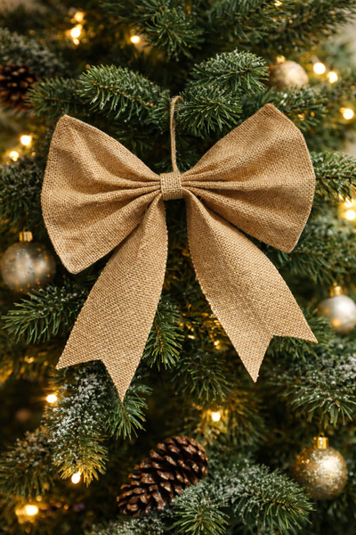 Ases Design زينة شجرة الصنوبر على شكل فيونكة - مقاس 24 × 24 - قماش الجوت