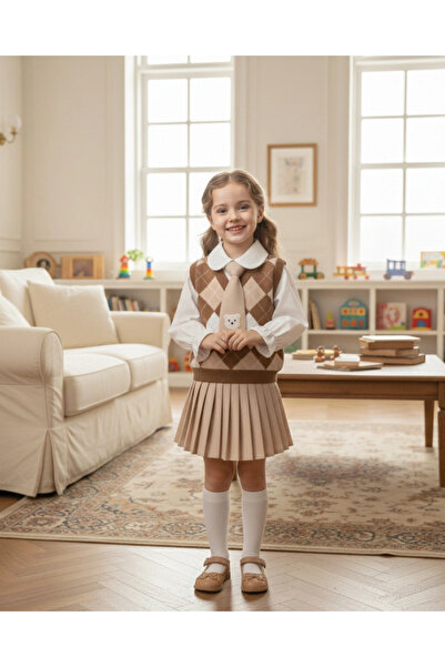 My Lusa baby wear Beren |   Tricotaj pentru fete set cu vestă Set elegant cămașă și cravată și fustă plisată Combinație clasică 2-5 ani