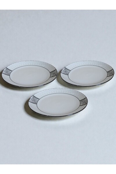WDA 3ps. Decorative Ceramic Dinner Plate – White & Grey Patterned Rim