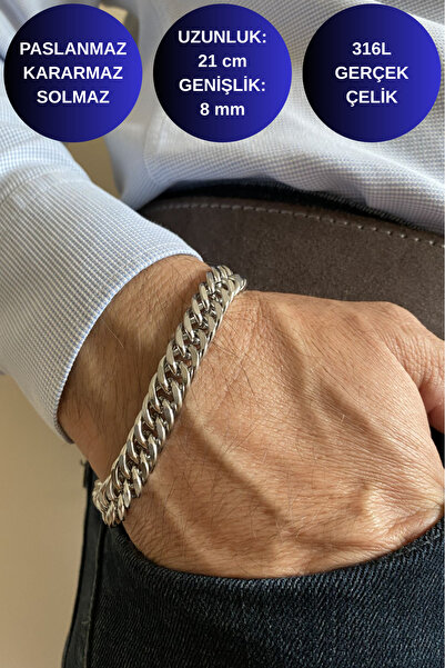 axexuar سوار رجالي من الفولاذ المقاوم للصدأ سميك محبوك موديل سلسلة فضي لامع رمادي فضي 21 سم