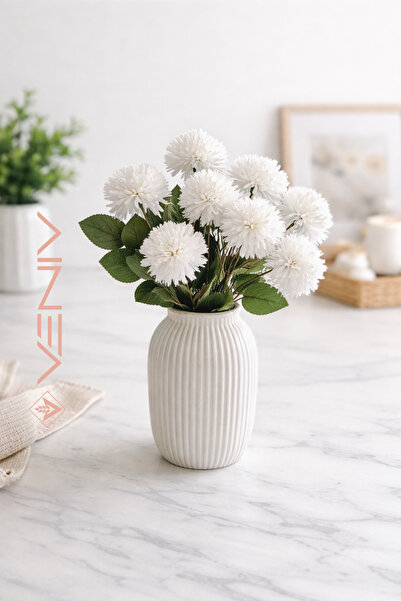 VENİV HOME 6 Dal Dekoratif Krizantem - Kasımpatı Çiçeği- 25 cm- Yapay Çiçek Beyaz