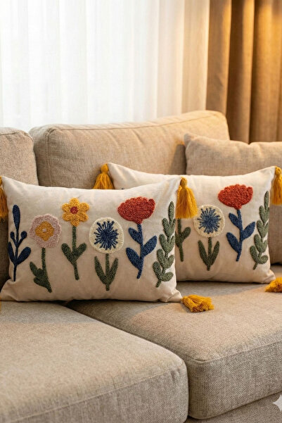 BUGİ HOME COLLECTİON İkili Dikdörtgen Punch işlemeli çiçek temalı panç nakışlı kırlent kılıfı