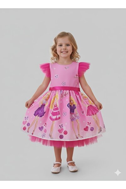 Buse&Eylül Bebe Pink Printed Crown Girl's Birthday Party Dress