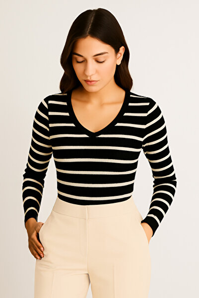 MİO ESTİLO بلوزة نوفيل بأكمام طويلة وياقة على شكل حرف V