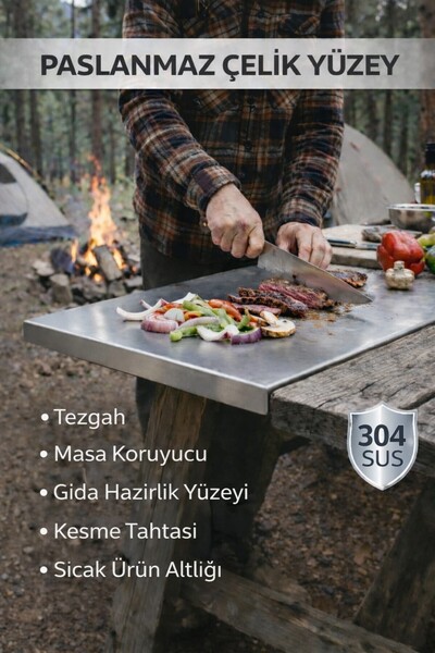 PLASTMARKET Paslanmaz Çelik Mobil Kamp Mutfak Tezgahı, Gıda Sunum Yüzeyi, 60x...