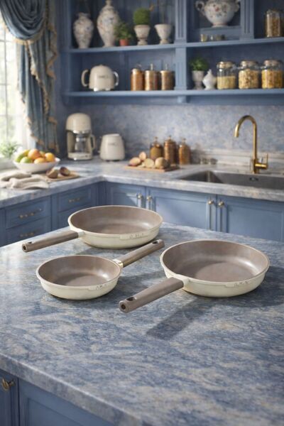 OMS 15016 - 3 Pieces, Induction Cooker Compatible, Cast Iron, Ceramic, (20 - 24 - 28 cm) Pan Set Cream Color