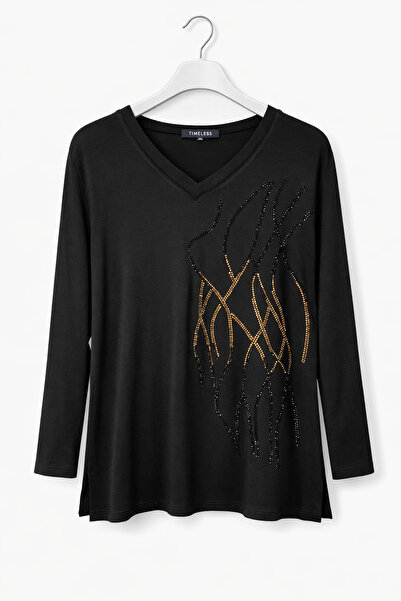 günay boutıque V-Neck Stone Printed Mom Blouse-Black