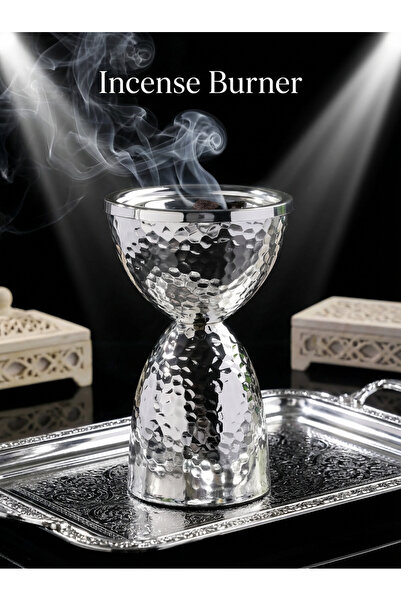 MODY مبخرة معدنية أنيقة - حامل بخور تقليدي، تصميم مطروق، مطلي بالكهرباء، فضي