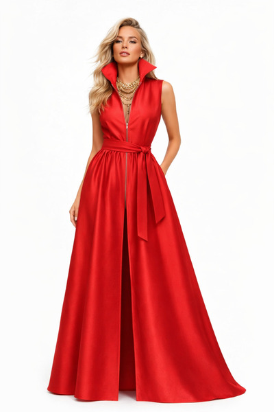 MERT ERKAN Önden Separe Fermuar Detaylı & Kuşaklı Kolsuz Maxi Tafta Elbise