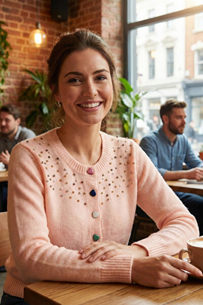 Robin T95089 Renkli Düğme Detaylı İncili Kadın Triko Hırka