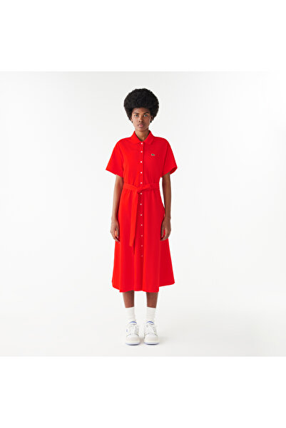 Lacoste Rochie roșie cu guler polo, croială flare, pentru femei