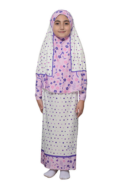 Altobeh Costum de rugăciune pentru copii, practic, două piese, mâneci cu model și batic detașabil, rochie hijab din lycra (6-12