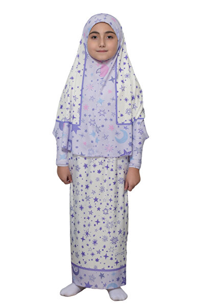 Altobeh Costum de rugăciune pentru copii, practic, două piese, mâneci cu model și batic detașabil, rochie hijab din lycra (6-12