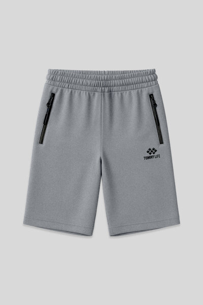 TOMMY LIFE Gri Melanj Gizli Fermuar Arka Cepli Bağcıklı Standart Kalıp Erkek Şort - 81136