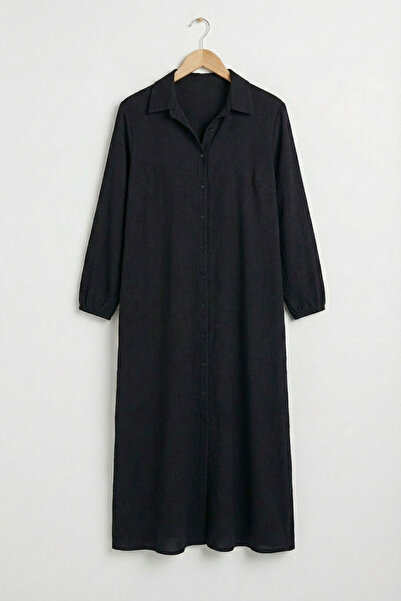 Mivoon Uzun Düğmeli Örme Elbise - Gömlek Yaka Dökümlü Tam Boy Maksi Elbise