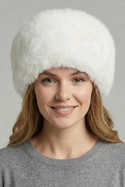 FATELLA Kadın Beyaz Kürklü Rus Modeli Kalpak Şapka - Kışlık Yumuşak Peluş