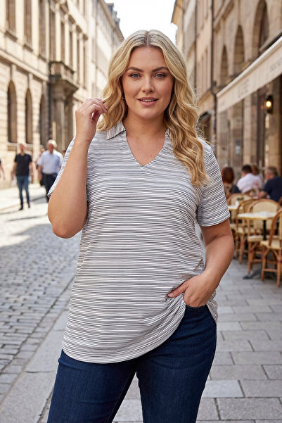 Stil Diva Bluză cu dungi cu mânecă scurtă, cu guler în V, mărime mare 303436