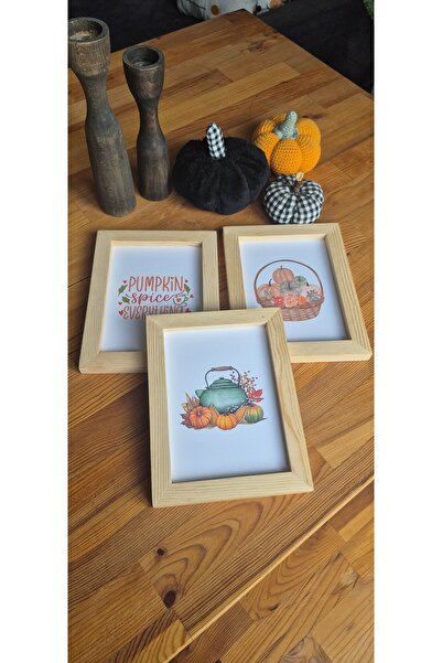 HİFA WOOD DECOR 3'lü Dekoratif Balkabağı Çerçeveli Tablo Seti,Sonbahar Temalı Set,Pumpkin Poster Tablo