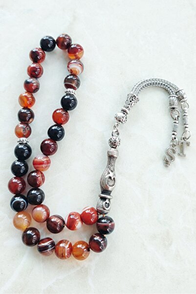 ŞAHBEY TESBİH Kişiye Özel Harf Detaylı Püsküllü Karnelyan Akik Doğal Taş Tesb...