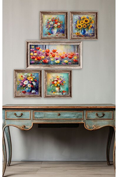 UNT Set de pictură MDF cu imprimare UV cu model de flori colorate – 5 piese Decor modern de perete