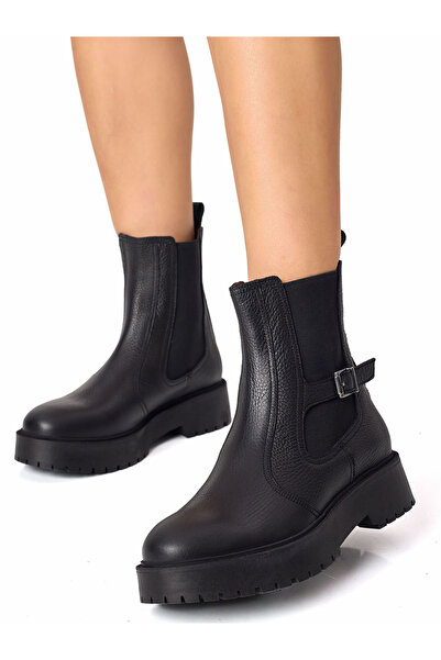 RUJO حذاء تشيلسي نسائي أسود من الجلد الطبيعي المرن