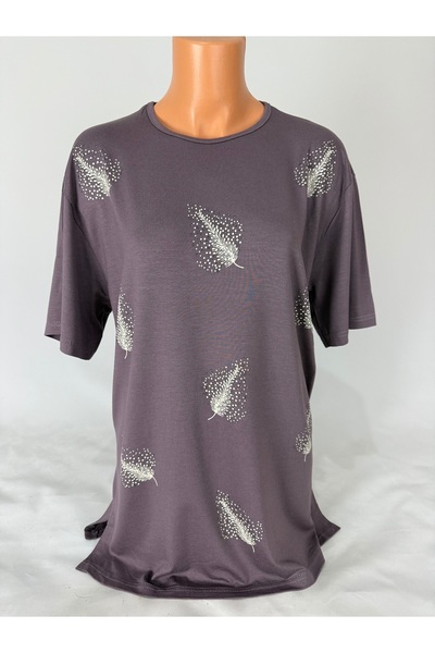 YAŞAR TRİKO Women's Stretch Fabric Leaf Patterned Crew Neck Short Sleeve Slit Wool Mother Combed Cotton T-Shirt