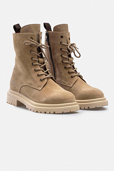 RUJO Женски ботуши от естествена кожа в цвят пясъчно бежов, с връзки и цип