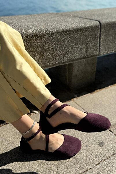 BABLACK Yuvarlak Burun Düz Taban %100 Hakiki Deri Kadın Babet Mürdüm