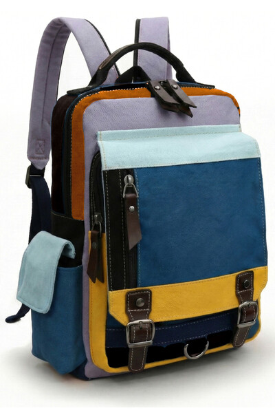 Cappadocia Vintage حقيبة ظهر صغيرة يومية باللون الأزرق والأصفر 4012 مع حزام كتف متقاطع مقاس 14 بوصة للكمبيوتر المحمول من القطن الجبردين