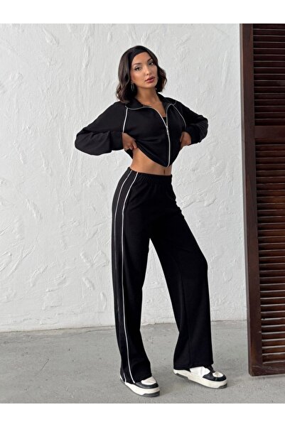 Brood Modal Fabric Striped Detail Zippered Cardigan-Palazzo Wide Leg Elastic Waist Sports Top and Bottom Set