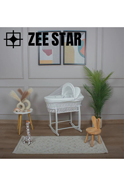 ZEE STAR سلة موسى المصنوعة من الخيزران الأبيض والمزودة بتلبيسة قماش مقلّم بلو...