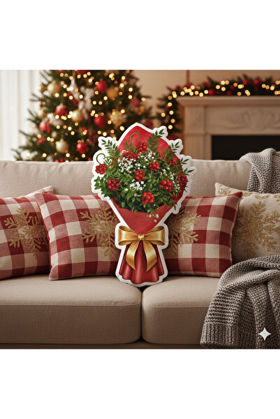 Piloji Kokina Buketi Tasarımlı Yastık | Yılbaşı Dekoratif Kırmızı Çiçek Baskı...