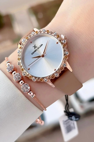 Daniel Klein Case Rose Cord Mink Color Women's Wristwatch and Bracelet Dkiste1699