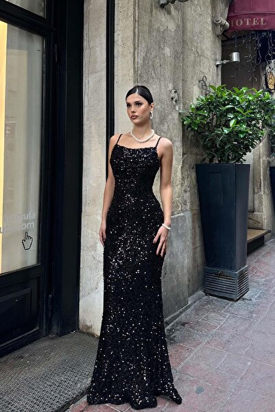 My Loore فستان سهرة طويل مطرز بالترتر مع حمالات سوداء |   أنيق ولامع MLB119