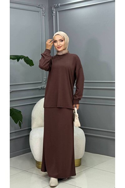 Cannes Brown Two-Piece Set with Long Sleeves, Skirt, and Shirt Long Dress