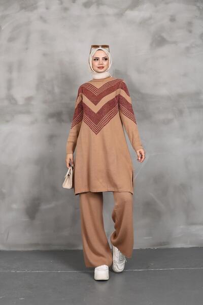 MİREL BUTİK Elite Women's Silvery Knitwear Tunic Pants Set