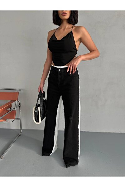 AYSHAN Wide Leg Black Pants with Side Stripes