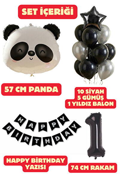 Baloncu Dede 1 Yaş Panda Balon Siyah Gümüş Happy Birthday Yazısı Siyah ve Güm...