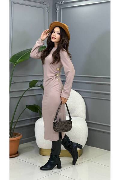 Genesis cannes Long Sleeve Gold Button Detail Beige Long Dress