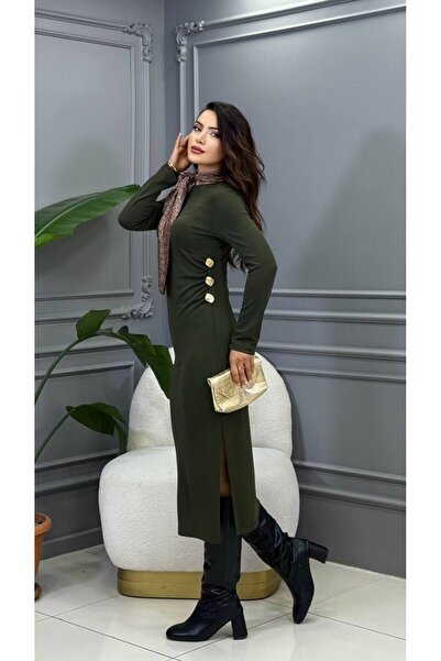 Genesis cannes Long Sleeve Green Long Dress with Gold Button Detail