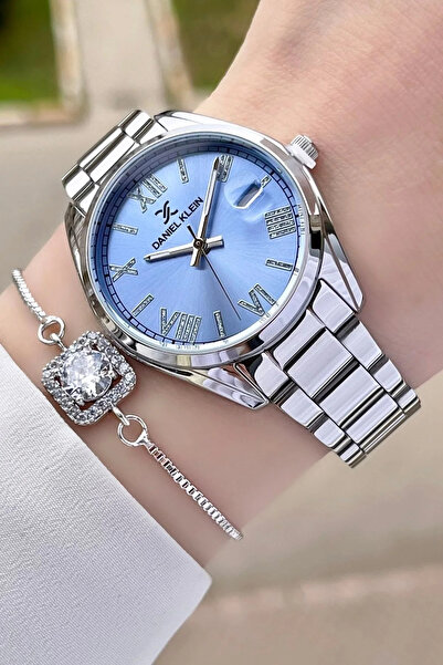 Daniel Klein Women's Wristwatch and Bracelet with Blue Dial Silver Color Calendar Dkiste970