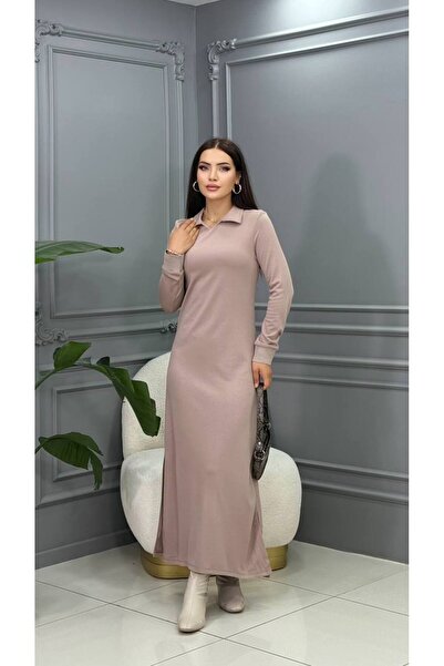 Genesis cannes Long Sleeve Shirt Collar Beige Long Dress