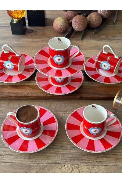 Meri Ev Gereçleri QUSH RED TÜRK KAHVE FİNCAN TAKIMI 6 KİŞİLİK 12 PARÇA