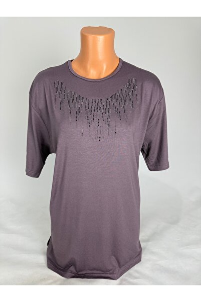 YAŞAR TRİKO Women's Stretch Fabric Patterned Crew Neck Short Sleeve T-Shirt with Slit Mother Combed Cotton on the Sides