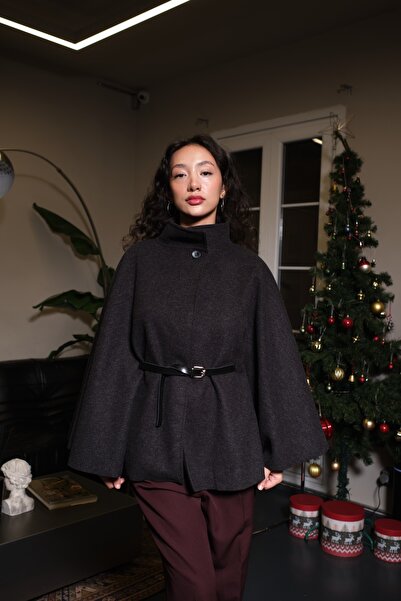 Eloe Rivière Kadın Yün Karışımlı Şık Kemer Detaylı Yumuşak Dokulu Panço