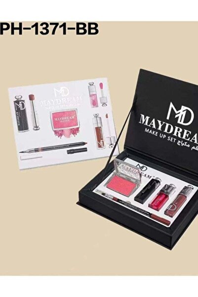MAYDREAM مجموعة مكياج سوداء PH-1371B - أحمر شفاه، ملمع شفاه، محدد شفاه، وبلاشر بودرة