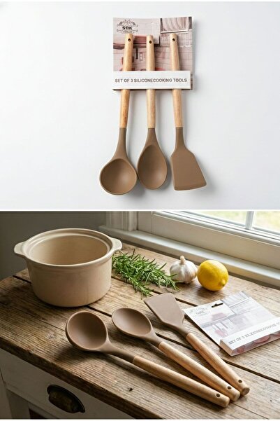 mutfak Ahşap Saplı 3'lü Silikon Kepçe-Spatula-Kaşık Seti