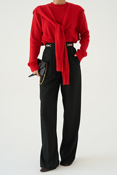 LOOSH Kadın Kırmızı Bisiklet Yaka Şal Atkılı Kazak